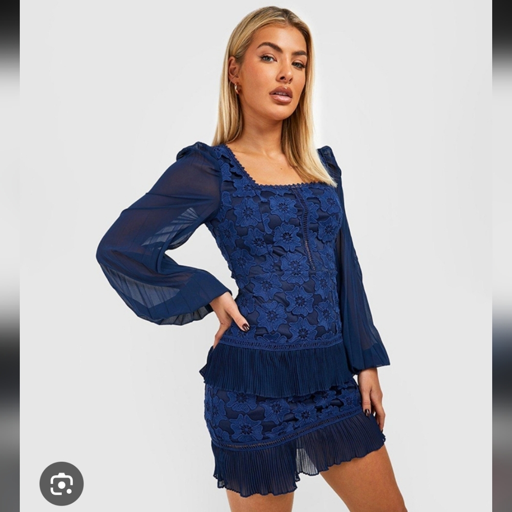 Boohoo Navy Blue Floral Lace Long-Sleeve Dress US 6